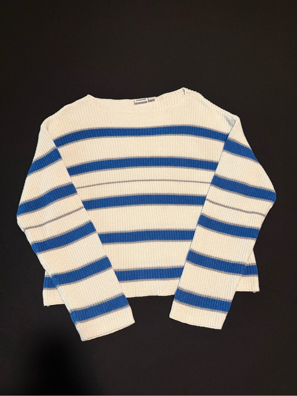 Noisy May White Sweater with Blue Stripes Large